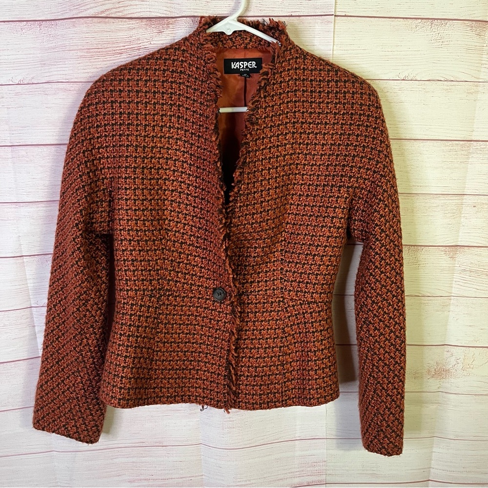 Kasper Orange One Button Tweed Fringe Blazer Jacket Size 4P‎